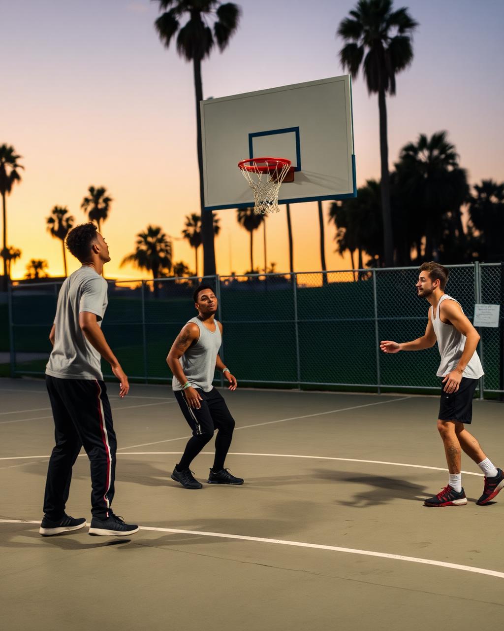 Friends playing pickup basketball at sunset