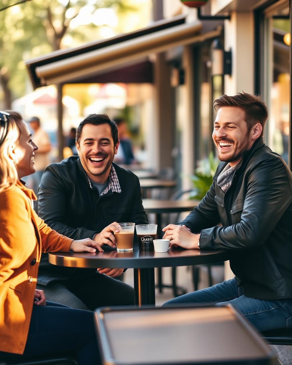 Friends laughing over coffee outdoors