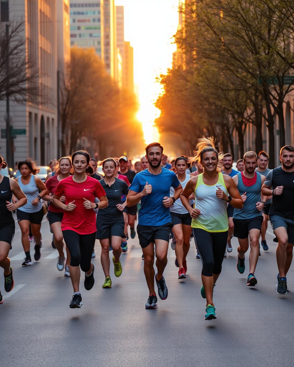 Run club jogging through the city at sunrise