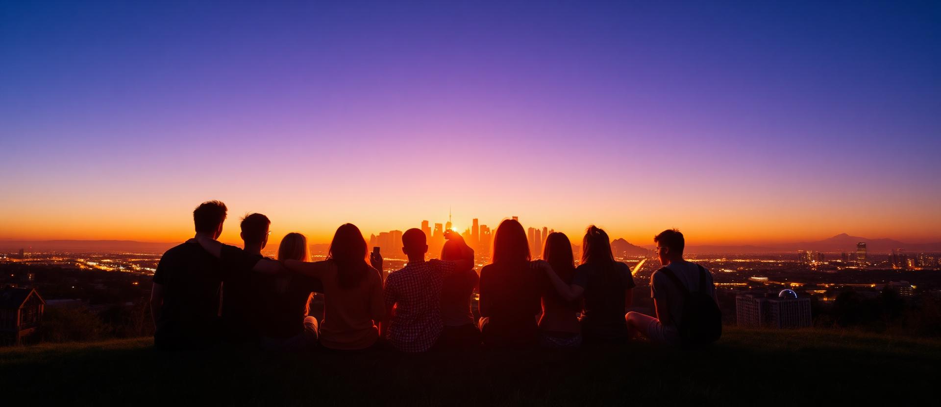 Friends standing arm in arm looking out over the Los Angeles skyline at sunset